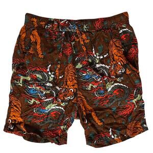 Massive Mens Shorts Small Brown Dragon Tiger Print Oriental Theme Drawstring